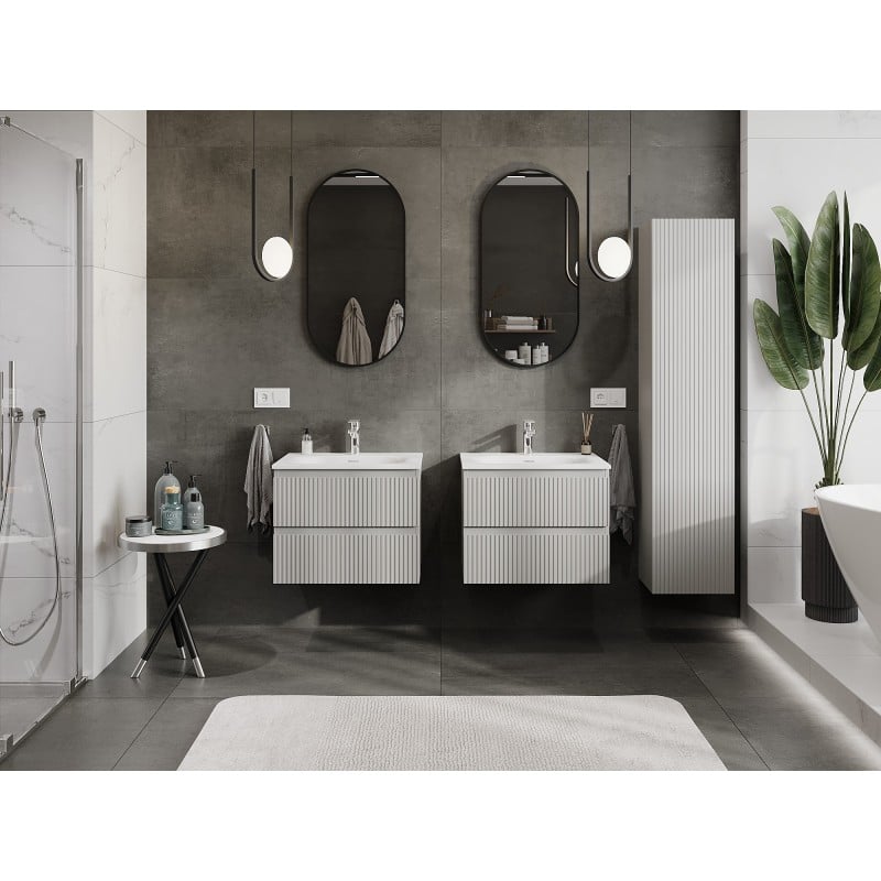 Mexen Rivel Badezimmerschrank 60 cm mit Waschbecken Vela, 2 Schubladen, gerillt, grau matt/weiß matt