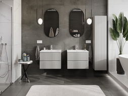 Mexen Rivel Badezimmerschrank 60 cm mit Waschbecken Vela, 2 Schubladen, gerillt, grau matt/weiß matt