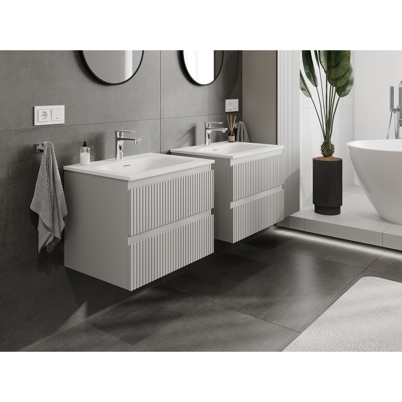 Mexen Rivel Badezimmerschrank 60 cm mit Waschbecken Vela, 2 Schubladen, gerillt, grau matt/weiß matt