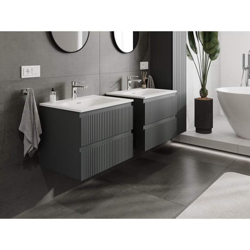 Mexen Rivel Badezimmerschrank 60 cm mit Waschbecken Vela, 2 Schubladen, gerillt, Graphit matt/Weiß matt -