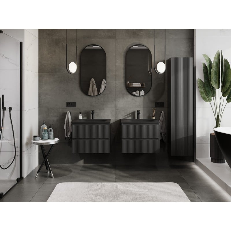 Mexen Rivel Badezimmerschrank 60 cm mit Waschbecken Vela, 2 Schubladen, gerillt, schwarz matt - 91A20-06047-2-BFF71-W23M71