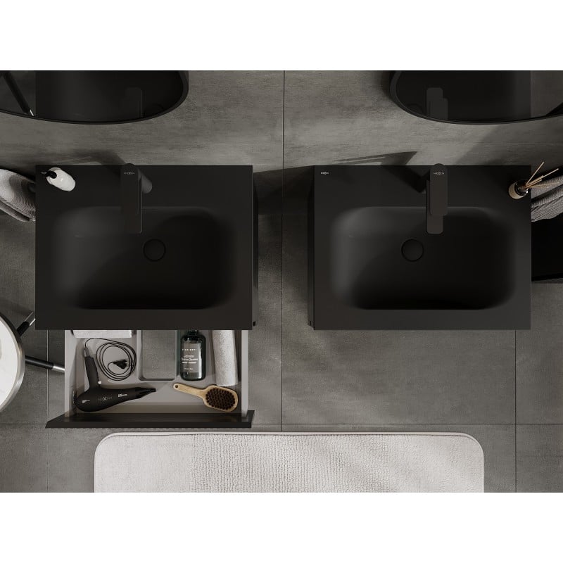Mexen Rivel Badezimmerschrank 60 cm mit Waschbecken Vela, 2 Schubladen, gerillt, schwarz matt - 91A20-06047-2-BFF71-W23M71
