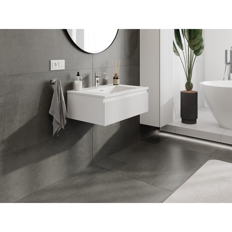 Mexen Rivel Badezimmerschrank 70 cm mit Waschbecken Otis, 1 Schublade, geriffelt, weiß matt - 91A20-07023-1-BF01-W18M01