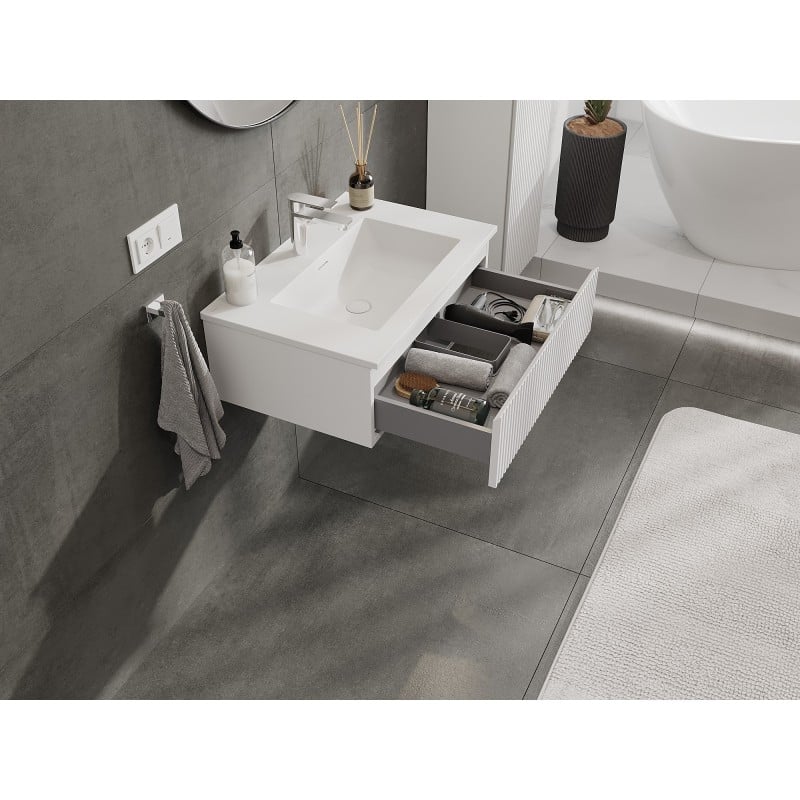 Mexen Rivel Badezimmerschrank 70 cm mit Waschbecken Otis, 1 Schublade, geriffelt, weiß matt - 91A20-07023-1-BF01-W18M01