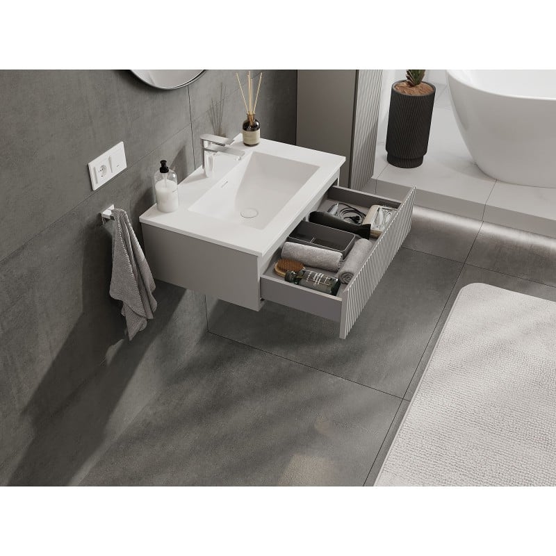 Mexen Rivel Badezimmerschrank 70 cm mit Waschbecken Otis, 1 Schublade, gerillt, grau matt/weiß matt - 91A20-07023-1-BF62-W18M01