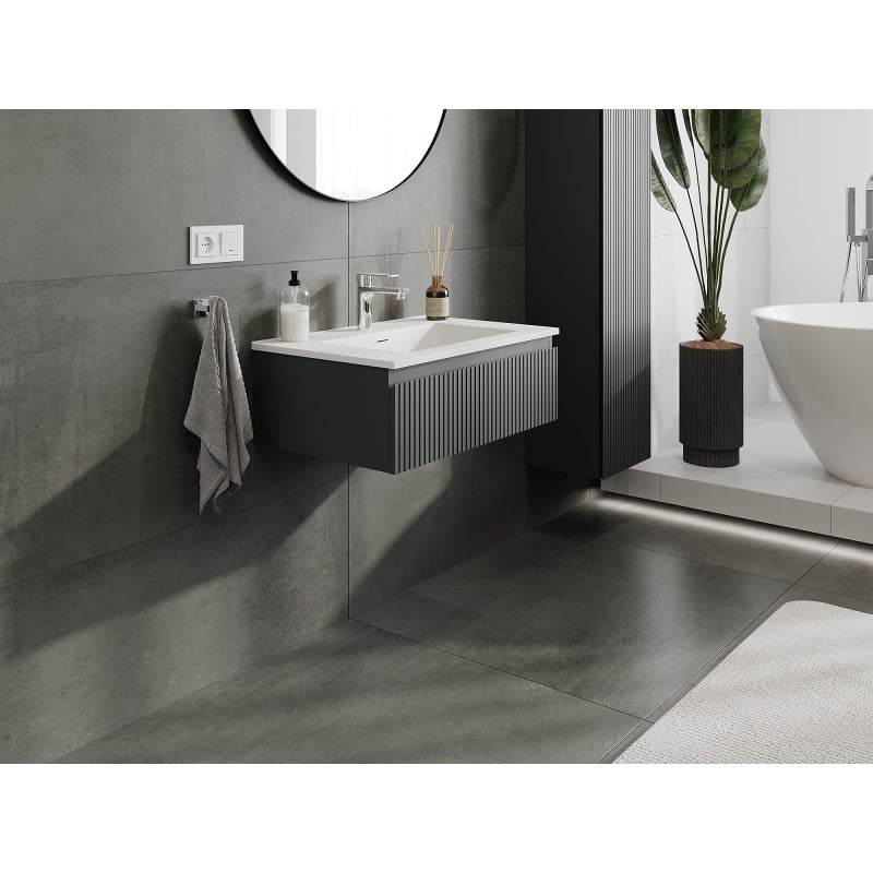 Mexen Rivel Badezimmerschrank 70 cm mit Waschbecken Otis, 1 Schublade, geriffelt, Graphit matt/Weiß matt