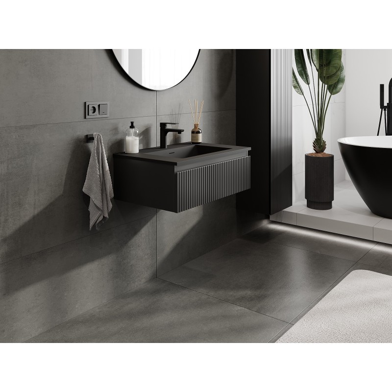 Mexen Rivel Badezimmerschrank 70 cm mit Waschbecken Otis, 1 Schublade, geriffelt, schwarz matt - 91A20-07023-1-BF71-W18M71