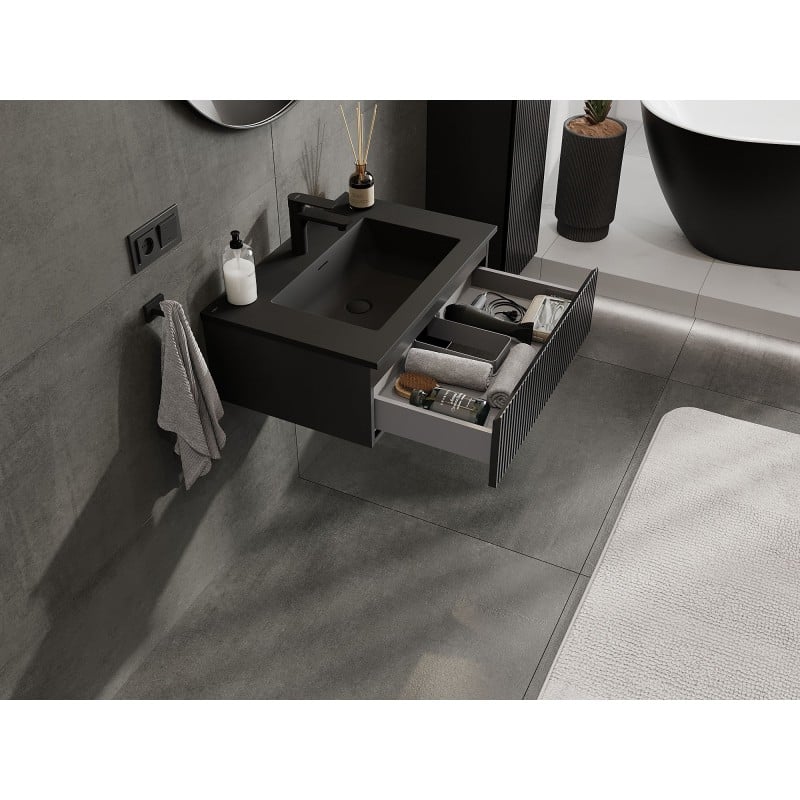 Mexen Rivel Badezimmerschrank 70 cm mit Waschbecken Otis, 1 Schublade, geriffelt, schwarz matt - 91A20-07023-1-BF71-W18M71