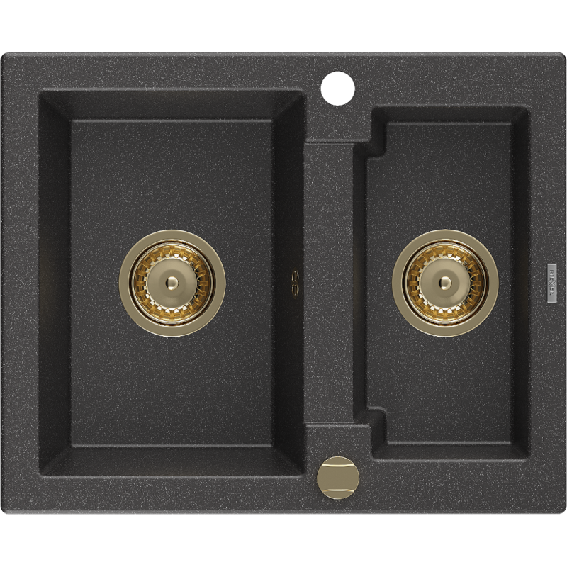 Mexen Carlos Granitspüle 1,5-kammerig 582 x 475 mm, schwarz gesprenkelt, goldener Siphon - 6518581500-76-G