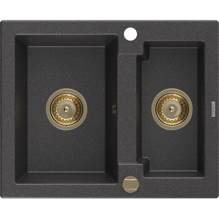 Mexen Carlos Granitspüle 1,5-Kammer 582 x 475 mm, schwarz getupft, goldener Siphon - 6518581500-76-G