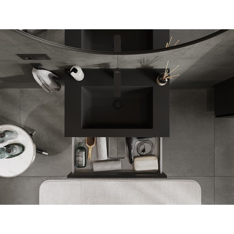 Mexen Rivel Badezimmerschrank 70 cm mit Waschbecken Otis, 1 Schublade, geriffelt, schwarz matt - 91A20-07023-1-BF71-W18M71