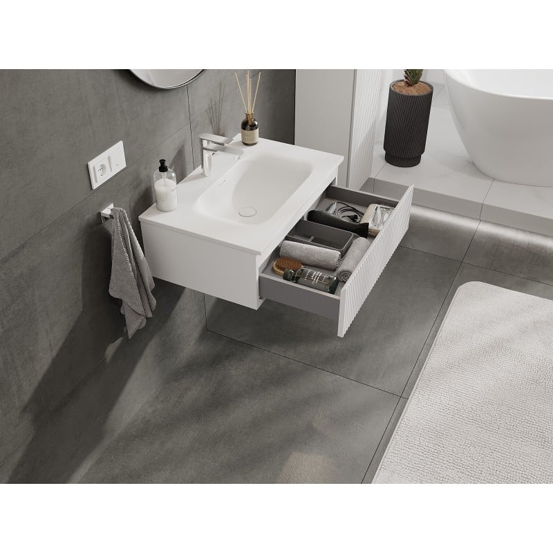 Mexen Rivel Badezimmerschrank 70 cm mit Waschbecken Vela, 1 Schublade, geriffelt, weiß matt - 91A20-07023-1-BF01-W23M01