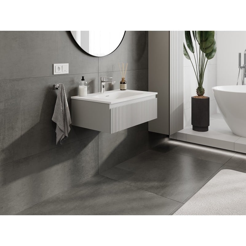 Mexen Rivel Badezimmermöbel 70 cm mit Waschbecken Vela, 1 Schublade, gerillt, grau matt/weiß matt - 91A20-07023-1-BF62-W23M01