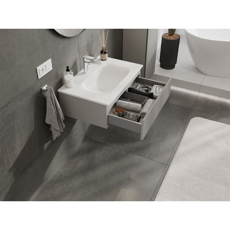 Mexen Rivel Badezimmermöbel 70 cm mit Waschbecken Vela, 1 Schublade, gerillt, grau matt/weiß matt - 91A20-07023-1-BF62-W23M01