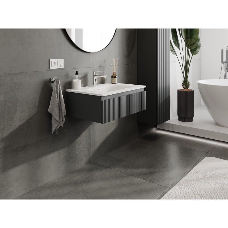 Mexen Rivel 70 cm Badezimmerunterschrank mit Waschbecken Vela, 1 Schublade, geriffelt, graphit matt/weiß matt