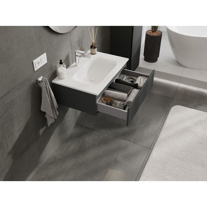 Mexen Rivel 70 cm Badezimmerunterschrank mit Waschbecken Vela, 1 Schublade, geriffelt, graphit matt/weiß matt