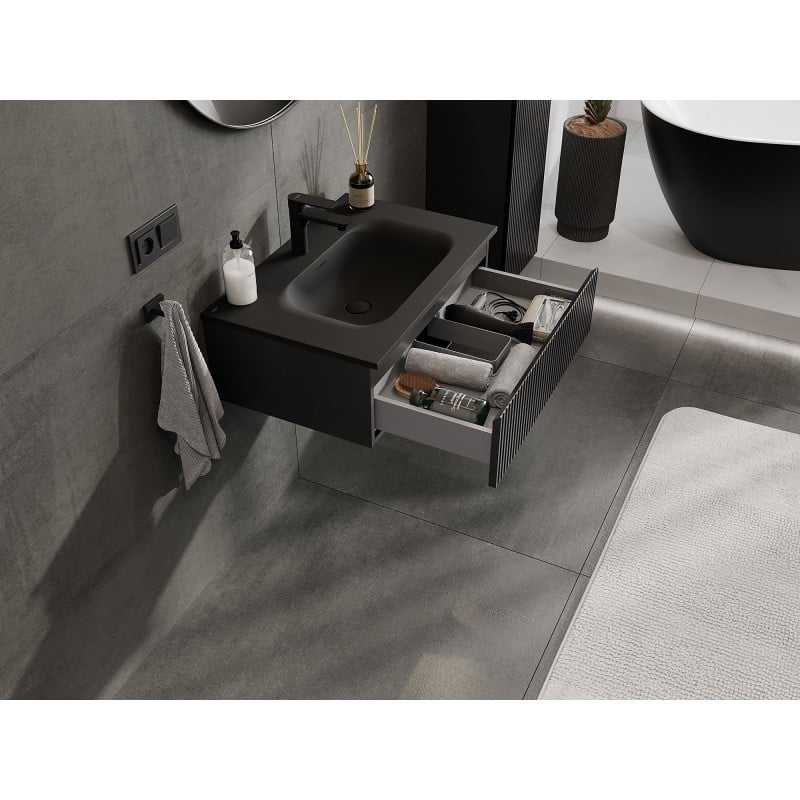 Mexen Rivel Badezimmerschrank 70 cm mit Waschbecken Vela, 1 Schublade, gerillt, schwarz matt - 91A20-07023-1-BF71-W23M71