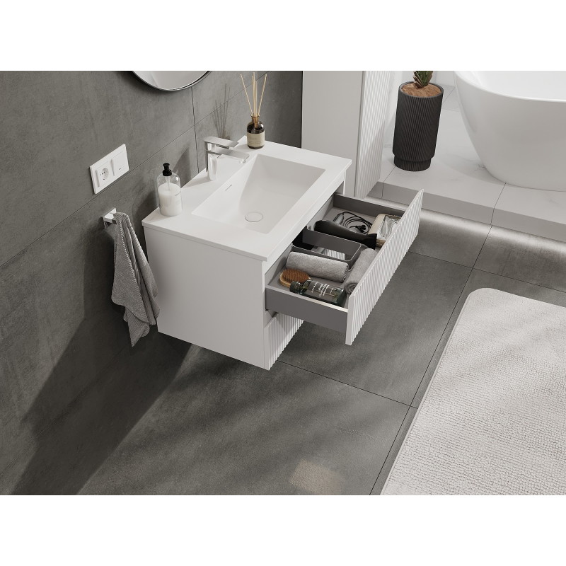 Mexen Rivel Badezimmerschrank 70 cm mit Waschbecken Otis, 2 Schubladen, geriffelt, weiß matt - 91A20-07047-2-BFF01-W18M01