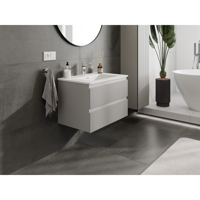 Mexen Rivel Badezimmerschrank 70 cm mit Waschbecken Otis, 2 Schubladen, geriffelt, grau matt/weiß matt