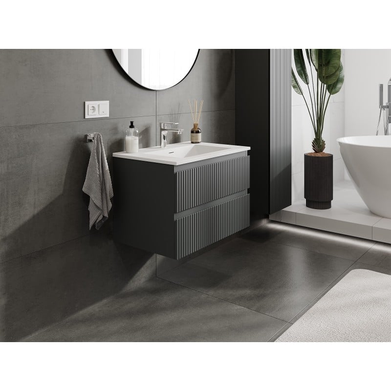 Mexen Rivel Badezimmerschrank 70 cm mit Waschbecken Otis, 2 Schubladen, geriffelt, Graphit matt/Weiß matt -
