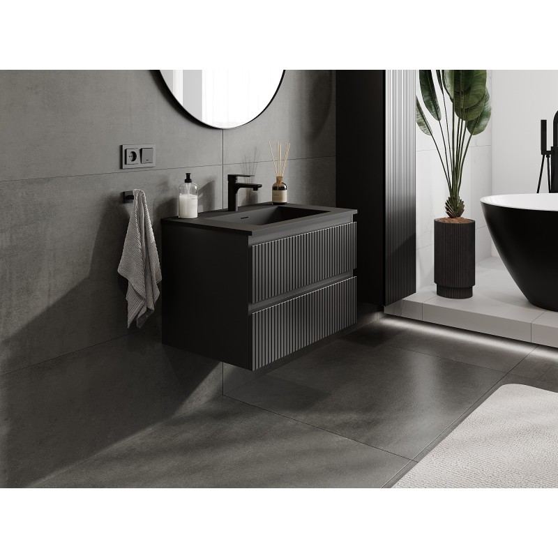 Mexen Rivel Badezimmerschrank 70 cm mit Waschbecken Otis, 2 Schubladen, geriffelt, schwarz matt - 91A20-07047-2-BFF71-W18M71
