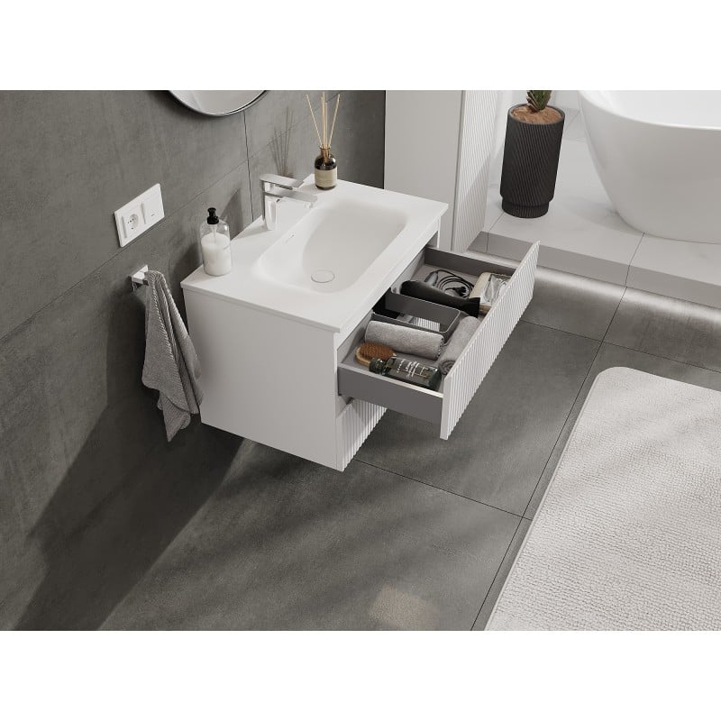 Mexen Rivel Badezimmerschrank 70 cm mit Waschbecken Vela, 2 Schubladen, geriffelt, weiß matt - 91A20-07047-2-BFF01-W23M01