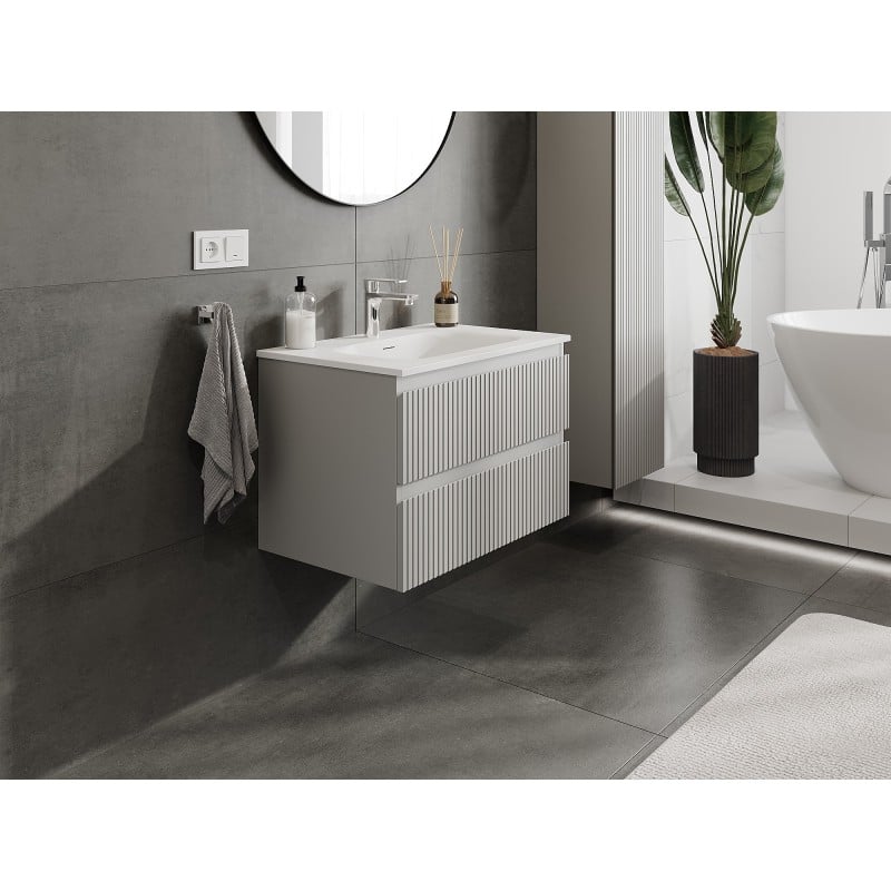 Mexen Rivel Badezimmerschrank 70 cm mit Waschbecken Vela, 2 Schubladen, geriffelt, grau matt/weiß matt