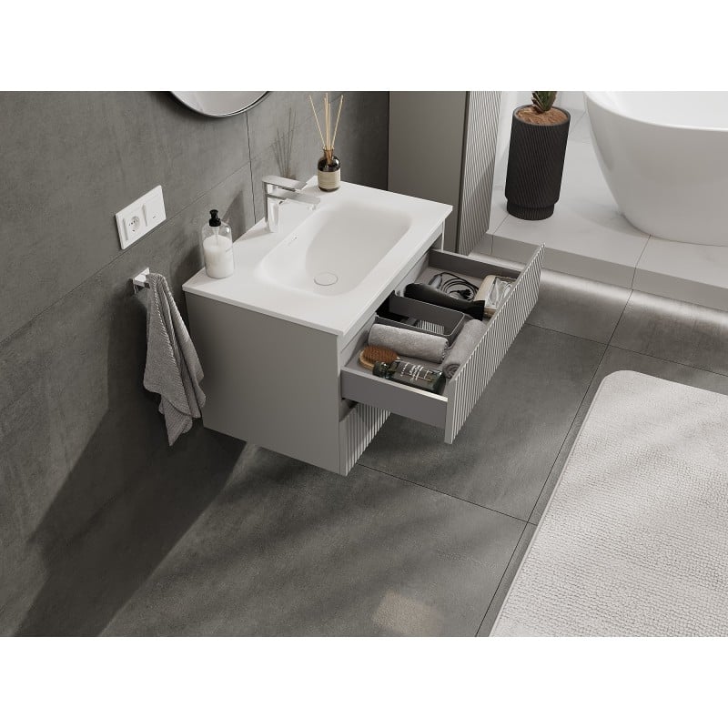 Mexen Rivel Badezimmerschrank 70 cm mit Waschbecken Vela, 2 Schubladen, geriffelt, grau matt/weiß matt