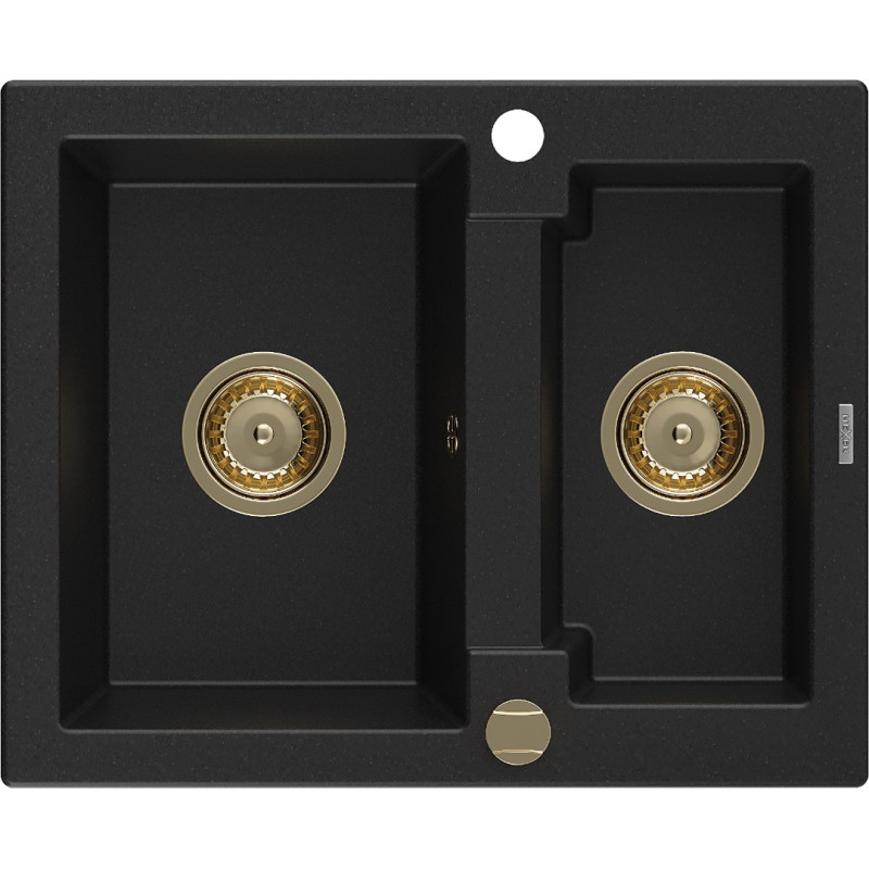 Mexen Carlos Granitspüle 1,5-Becken 582 x 475 mm, schwarz, Siphon gold - 6518581500-77-G