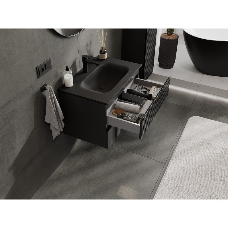 Mexen Rivel Badezimmerschrank 70 cm mit Waschbecken Vela, 2 Schubladen, geriffelt, schwarz matt - 91A20-07047-2-BFF71-W23M71