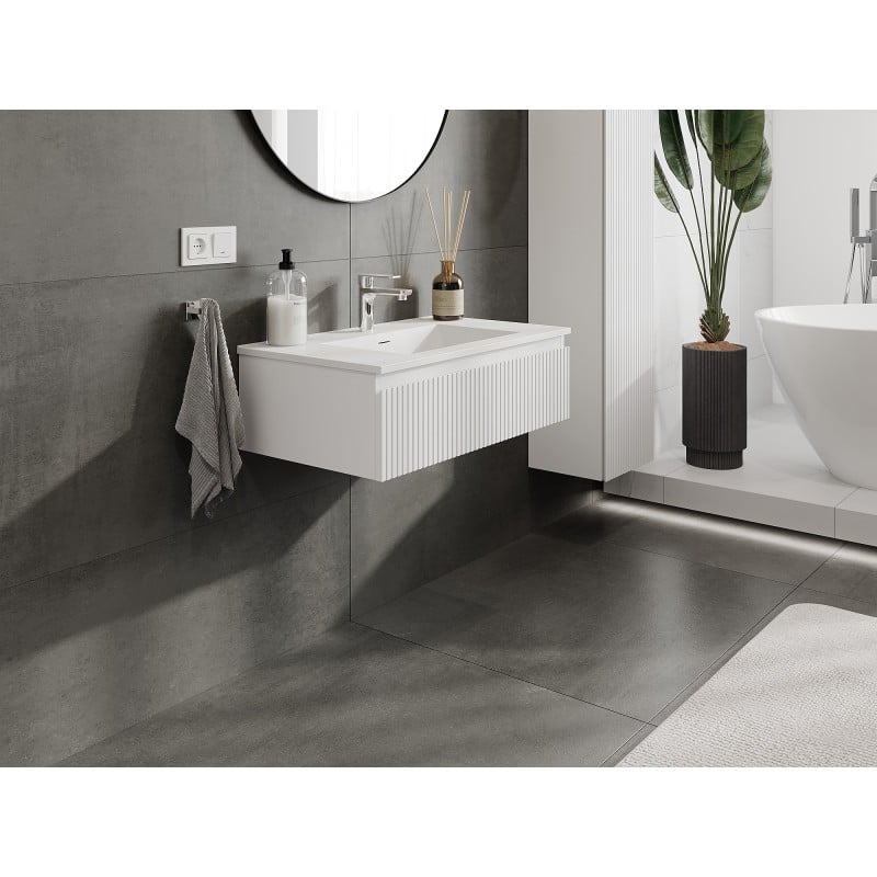 Mexen Rivel Badezimmerschrank 80 cm mit Waschbecken Otis, 1 Schublade, geriffelt, weiß matt - 91A20-08023-1-BF01-W18M01