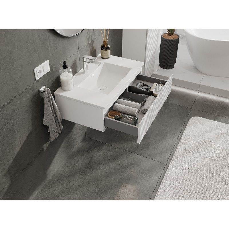 Mexen Rivel 80 cm Badezimmerunterschrank mit Waschbecken Otis, 1 Schublade, geriffelt, weiß matt - 91A20-08023-1-BF01-W18M01