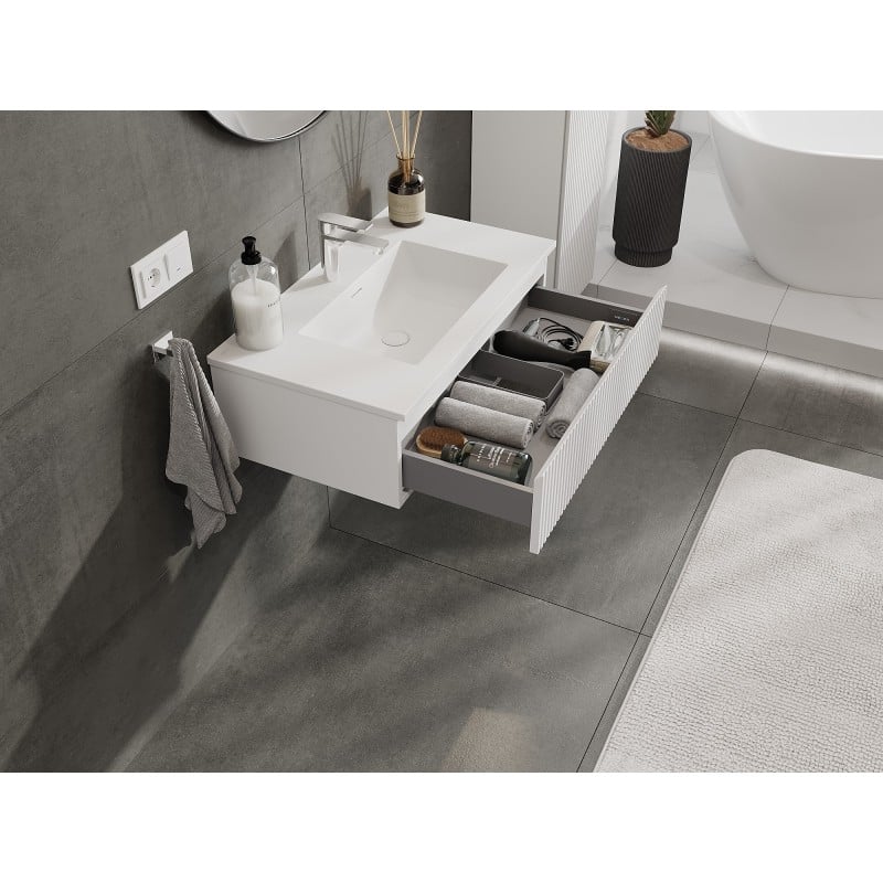 Mexen Rivel Badezimmerschrank 80 cm mit Waschbecken Otis, 1 Schublade, geriffelt, weiß matt - 91A20-08023-1-BF01-W18M01