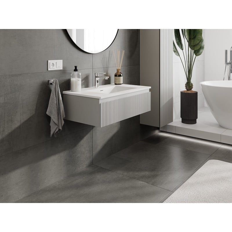 Mexen Rivel Badezimmerschrank 80 cm mit Waschbecken Otis, 1 Schublade, geriffelt, grau matt/weiß matt