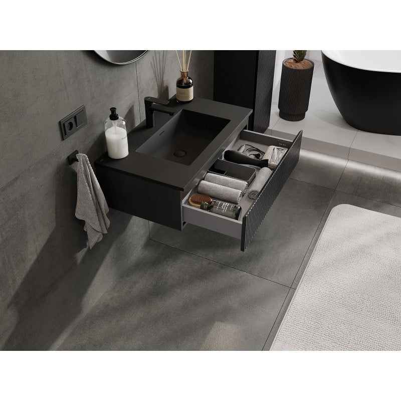 Mexen Rivel Badezimmerschrank 80 cm mit Waschbecken Otis, 1 Schublade, geriffelt, schwarzmatt - 91A20-08023-1-BF71-W18M71