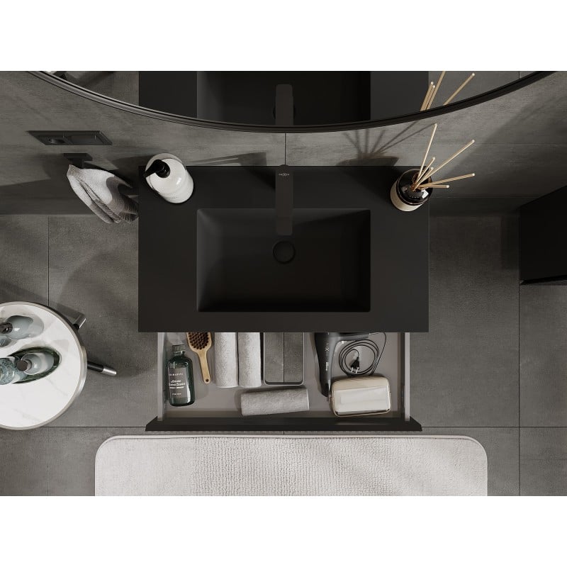 Mexen Rivel Badezimmerschrank 80 cm mit Waschbecken Otis, 1 Schublade, geriffelt, schwarzmatt - 91A20-08023-1-BF71-W18M71