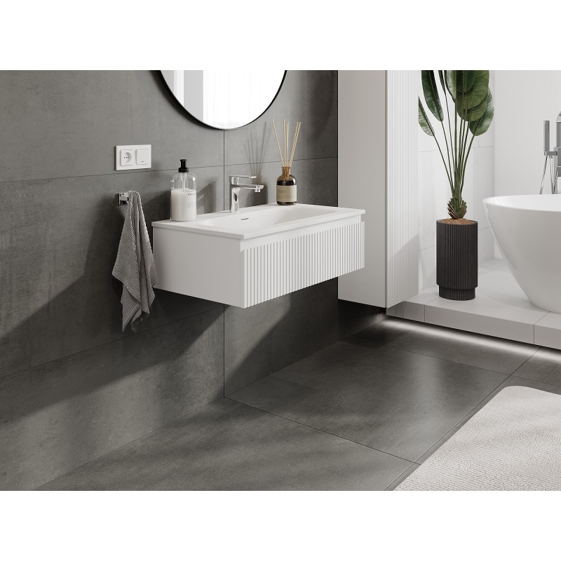 Mexen Rivel 80 cm Badezimmer-Unterschrank mit Waschbecken Vela, 1 Schublade, geriffelt, Weiß Matt - 91A20-08023-1-BF01-W23M01