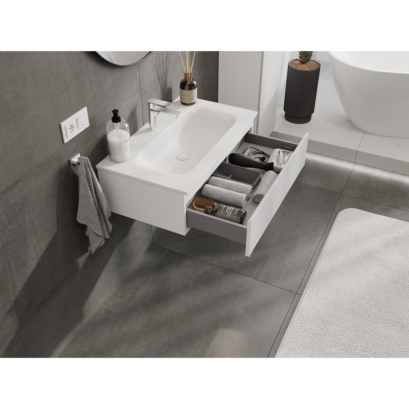 Mexen Rivel 80 cm Badezimmer-Unterschrank mit Waschbecken Vela, 1 Schublade, geriffelt, Weiß Matt - 91A20-08023-1-BF01-W23M01