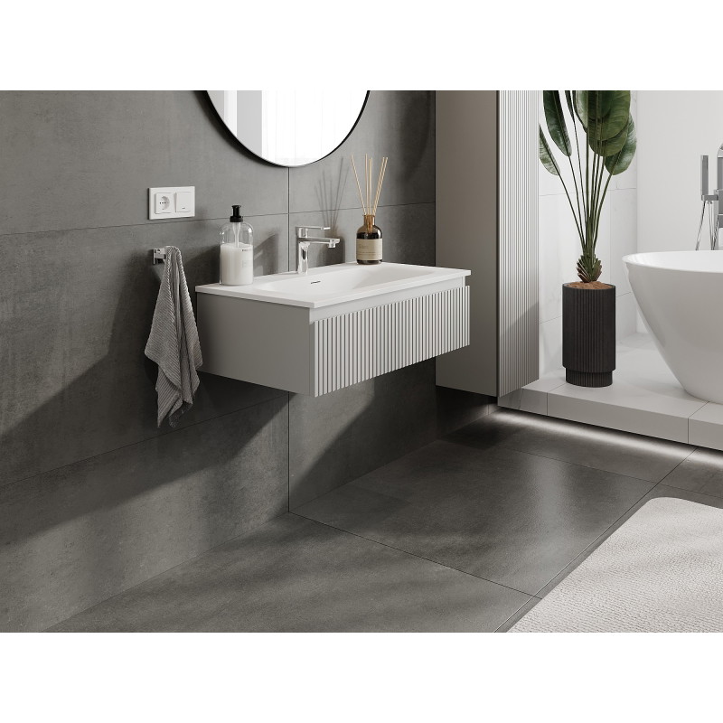 Mexen Rivel Badezimmerschrank 80 cm mit Waschbecken Vela, 1 Schublade, geriffelt, grau matt/weiß matt
