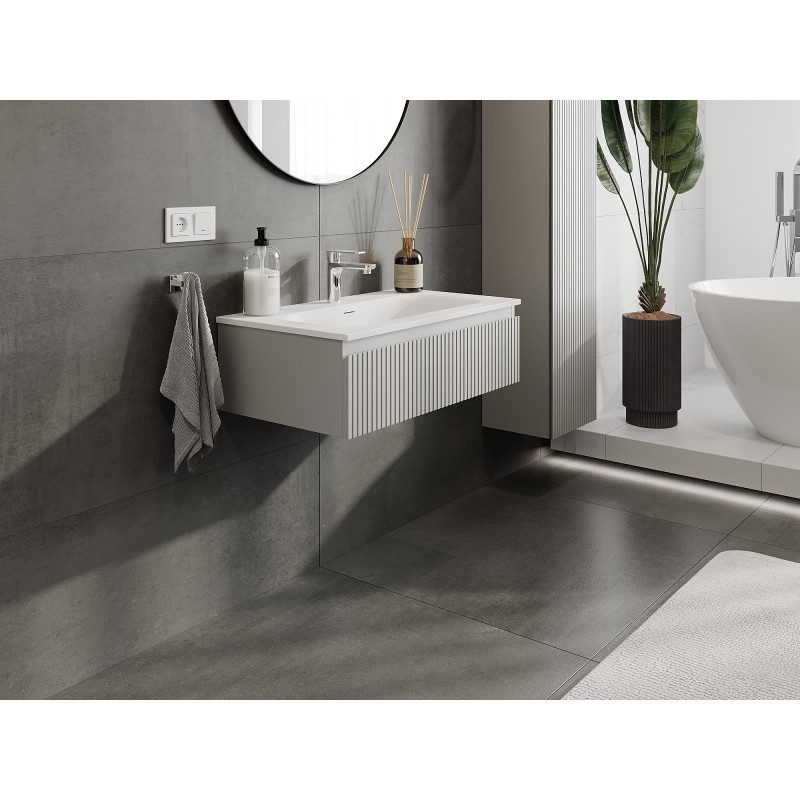Mexen Rivel Badezimmerschrank 80 cm mit Waschbecken Vela, 1 Schublade, gerillt, grau matt/weiß matt - 91A20-08023-1-BF62-W23M01