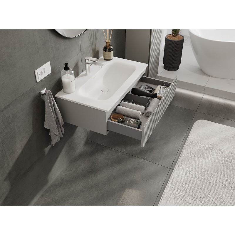 Mexen Rivel Badezimmerschrank 80 cm mit Waschbecken Vela, 1 Schublade, gerillt, grau matt/weiß matt - 91A20-08023-1-BF62-W23M01