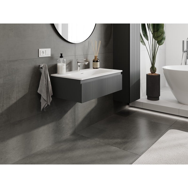 Mexen Rivel Badezimmerschrank 80 cm mit Waschbecken Vela, 1 Schublade, gerillt, Graphit matt/Weiß matt