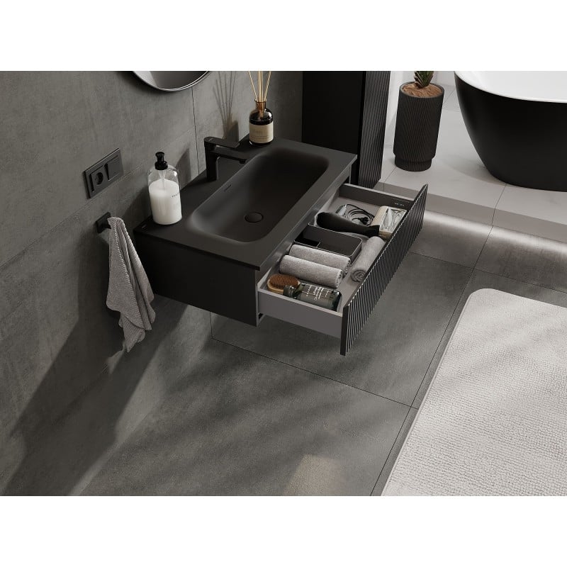 Mexen Rivel Badezimmermöbel 80 cm mit Waschtisch Vela, 1 Schublade, geriffelt, schwarz matt - 91A20-08023-1-BF71-W23M71