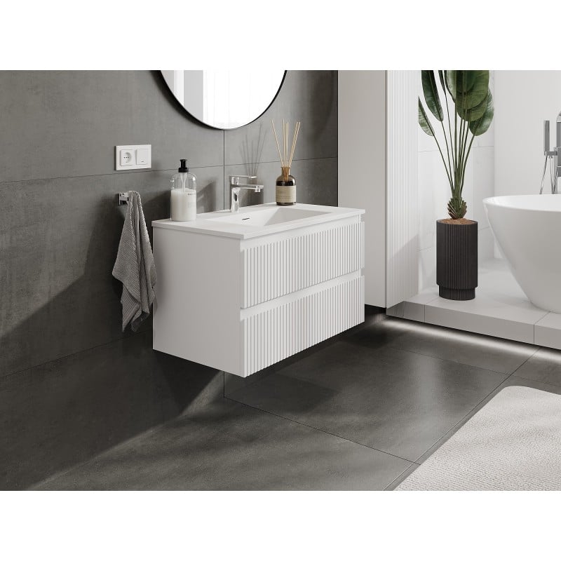 Mexen Rivel Badezimmerschrank 80 cm mit Waschbecken Otis, 2 Schubladen, geriffelt, weiß matt - 91A20-08047-2-BFF01-W18M01