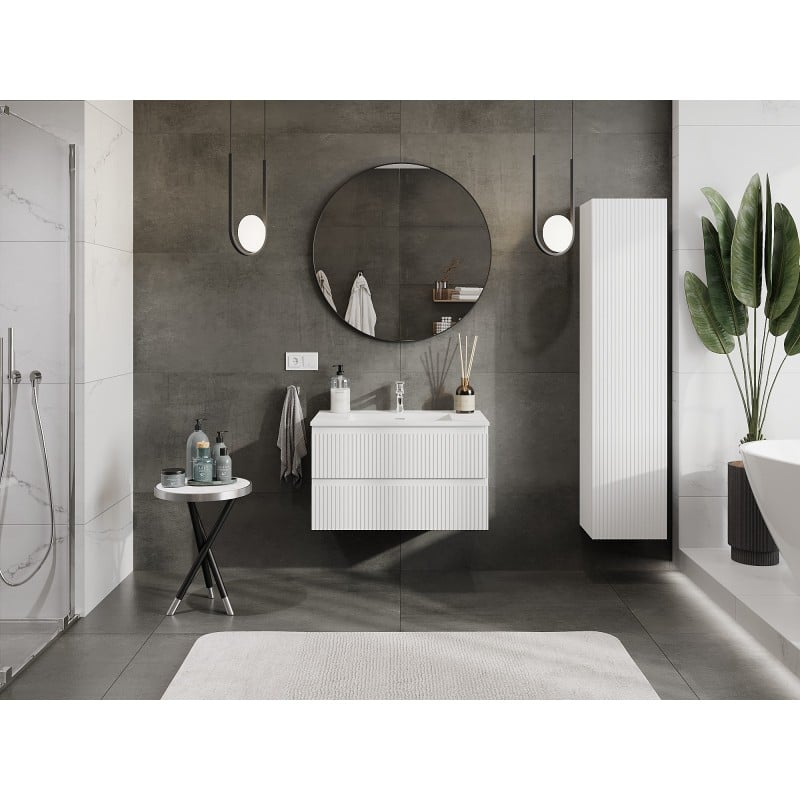 Mexen Rivel Badezimmerschrank 80 cm mit Waschbecken Otis, 2 Schubladen, geriffelt, weiß matt - 91A20-08047-2-BFF01-W18M01