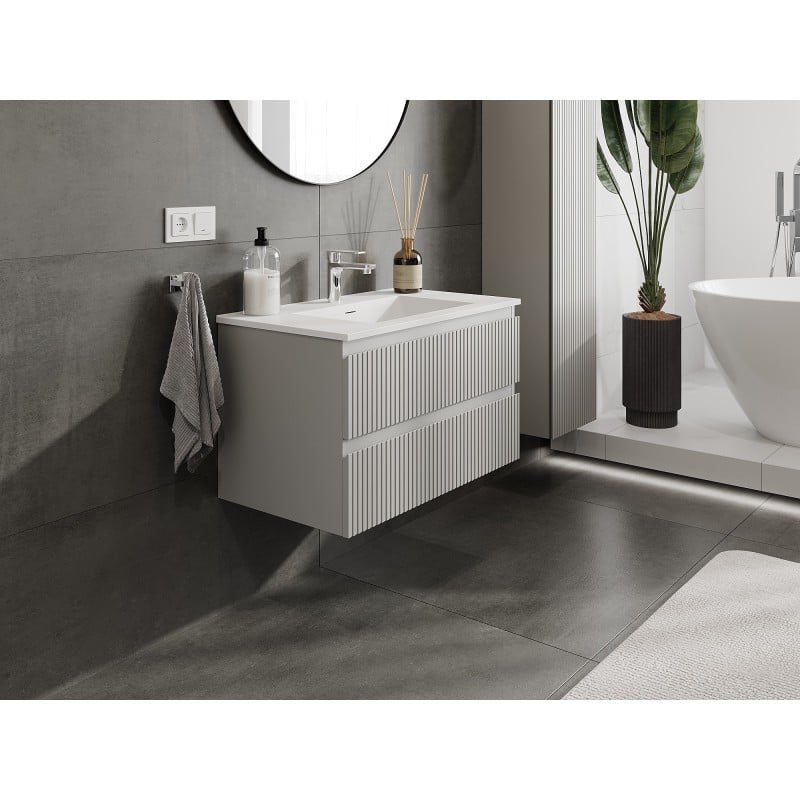 Mexen Rivel Badezimmerschrank 80 cm mit Waschbecken Otis, 2 Schubladen, gerillt, grau matt/weiß matt
