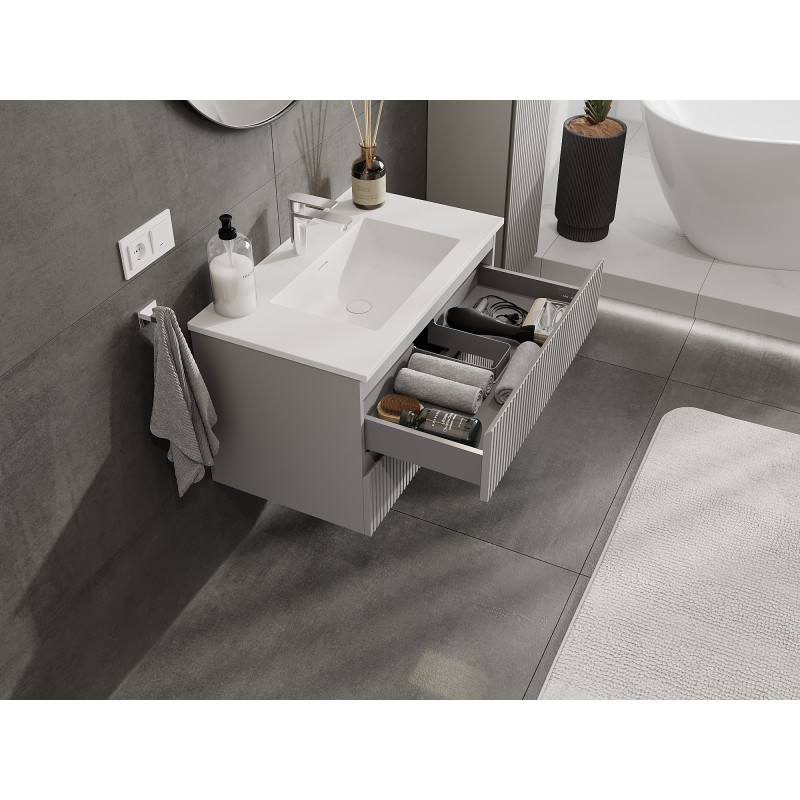 Mexen Rivel Badezimmerschrank 80 cm mit Waschbecken Otis, 2 Schubladen, gerillt, grau matt/weiß matt