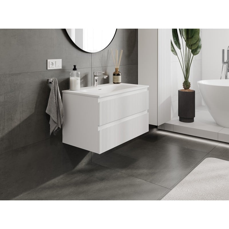Mexen Rivel Badezimmermöbel 80 cm mit Waschbecken Vela, 2 Schubladen, geriffelt, weiß matt - 91A20-08047-2-BFF01-W23M01