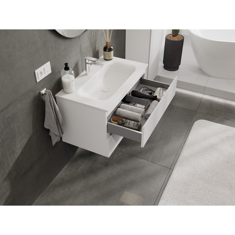 Mexen Rivel Badezimmermöbel 80 cm mit Waschbecken Vela, 2 Schubladen, geriffelt, weiß matt - 91A20-08047-2-BFF01-W23M01