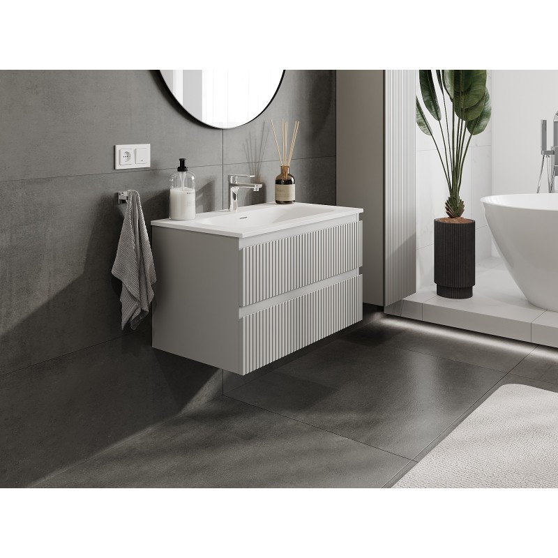 Mexen Rivel Badezimmerschrank 80 cm mit Waschbecken Vela, 2 Schubladen, gerillt, graumatt/weißmatt - 91A20-08047-2-BFF62-W23M01